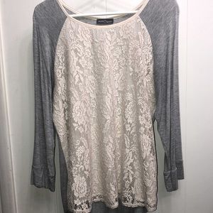 Market & Spruce Bernadette Lace Overlay Raglan Top; Large
